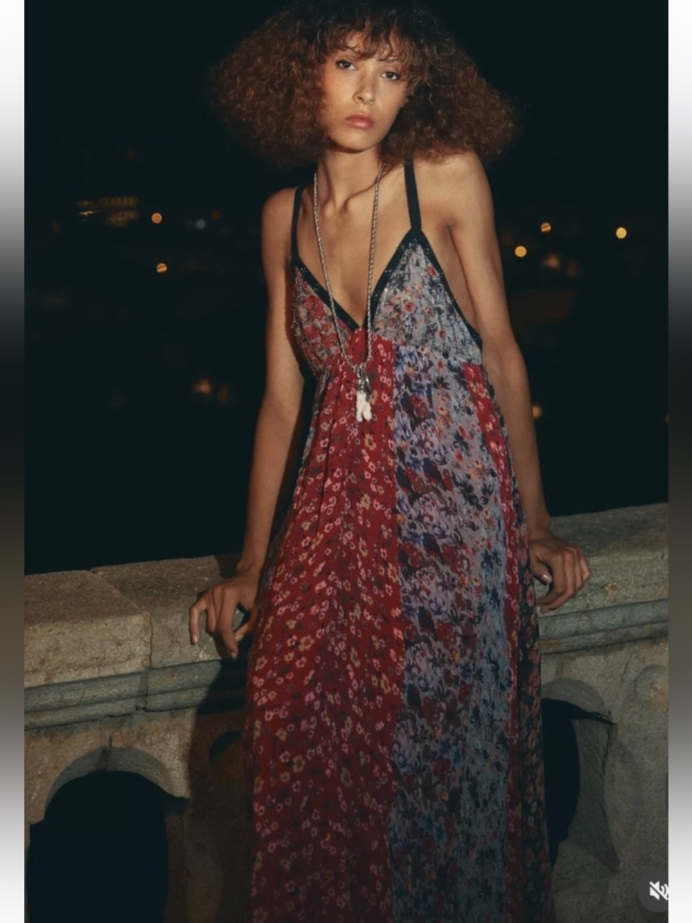 Zara ZW Collection Print Dress Bead Embellishments V Neck Flowy Thin Strap NWT M
